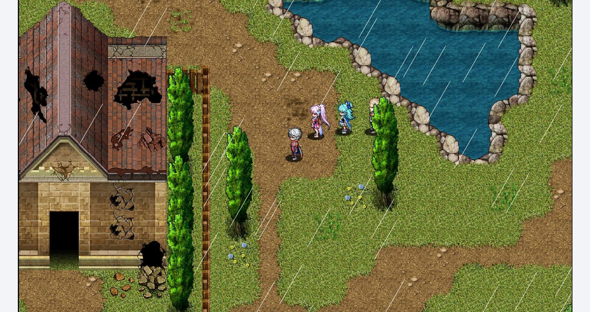 Classic RPG scene with characters exploring a lush outdoor area.