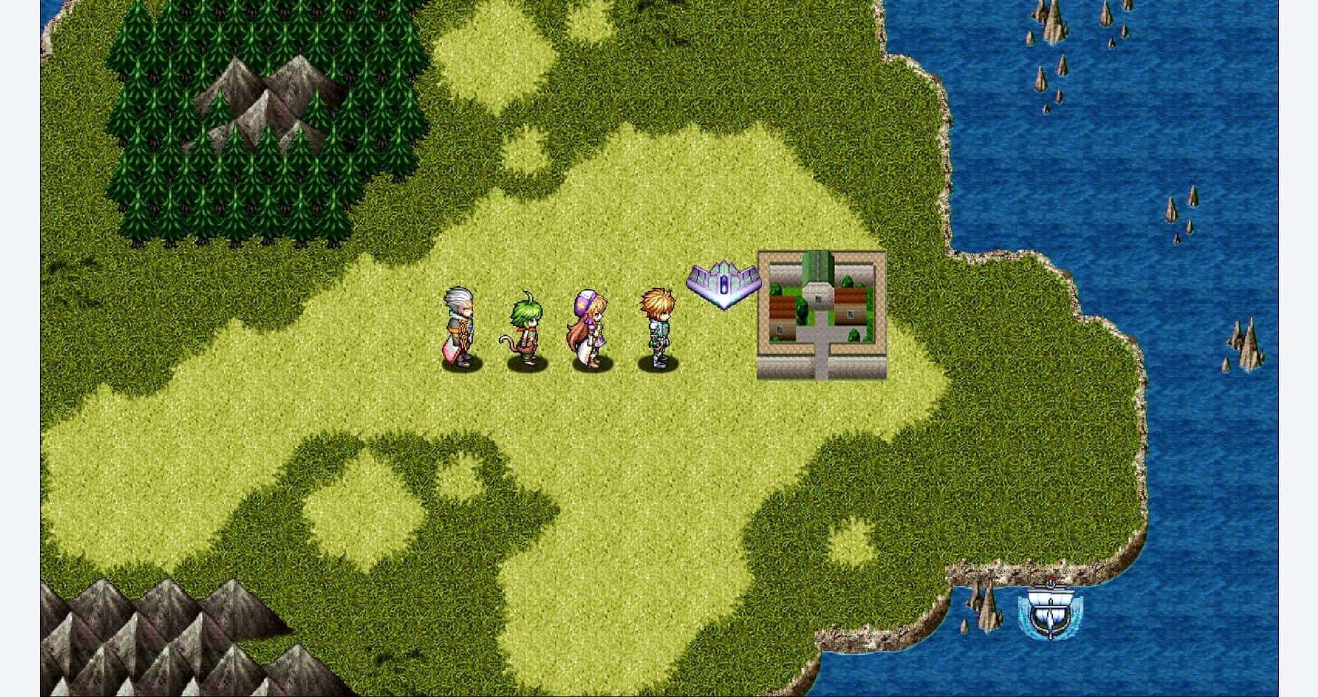 RPG game scene with pixel art characters and landscape from the KEMCO RPG collection.