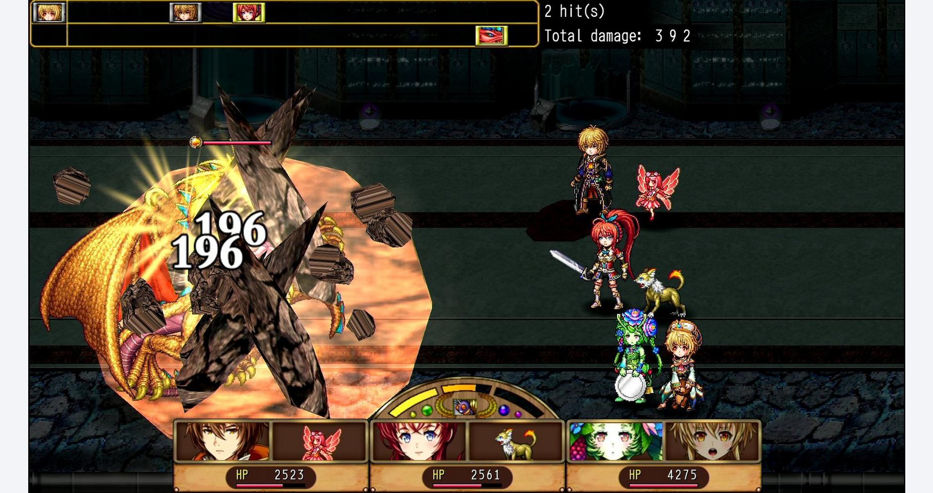 RPG battle scene from Gameware's KEMCO collection, featuring characters fighting a large monster.