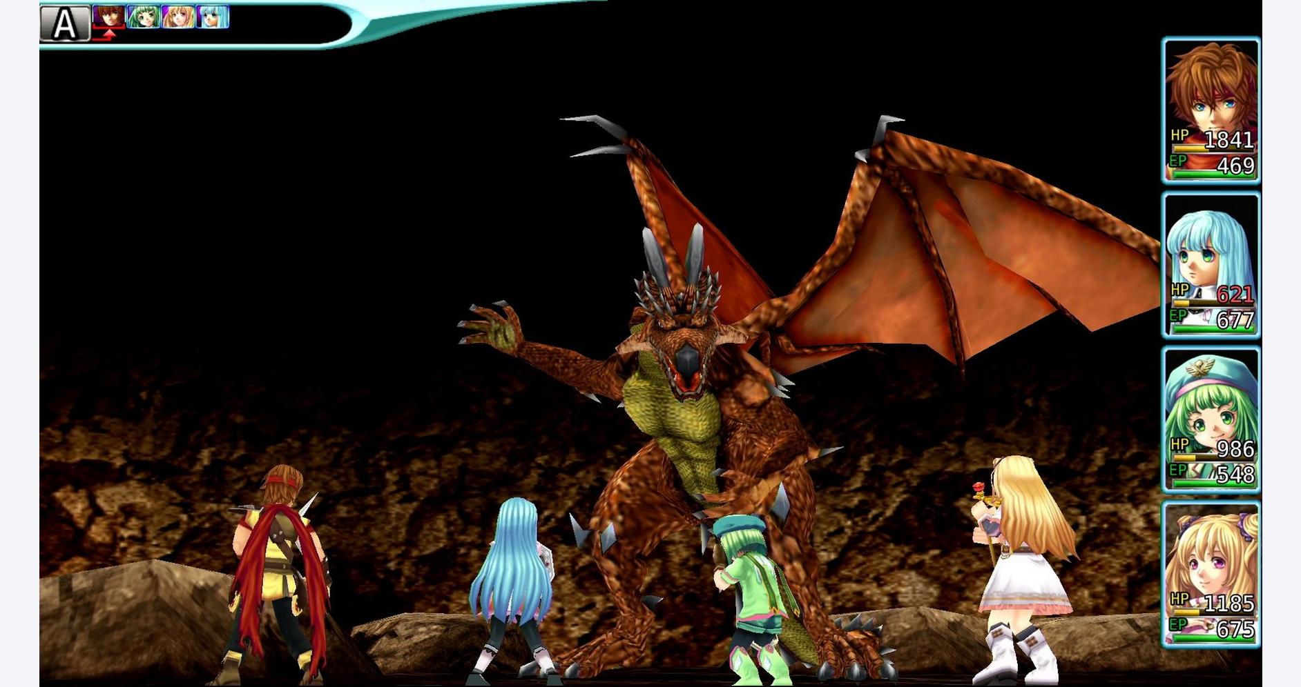 Epic battle scene featuring classic RPG characters facing a fierce dragon boss.