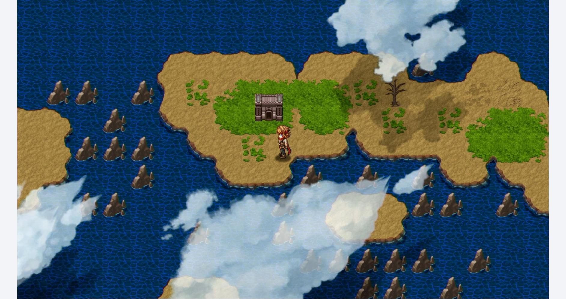 RPG game scene with island, house, and character from KEMCO RPG collection.