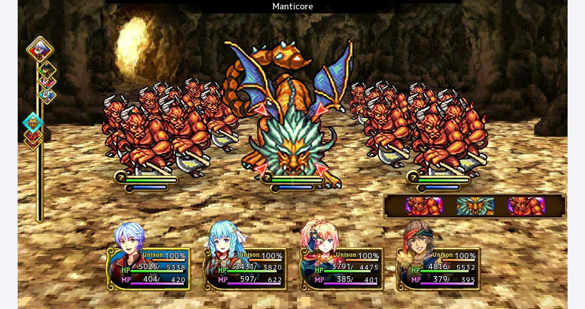 An intense turn-based combat featuring a dragon and multiple monsters.