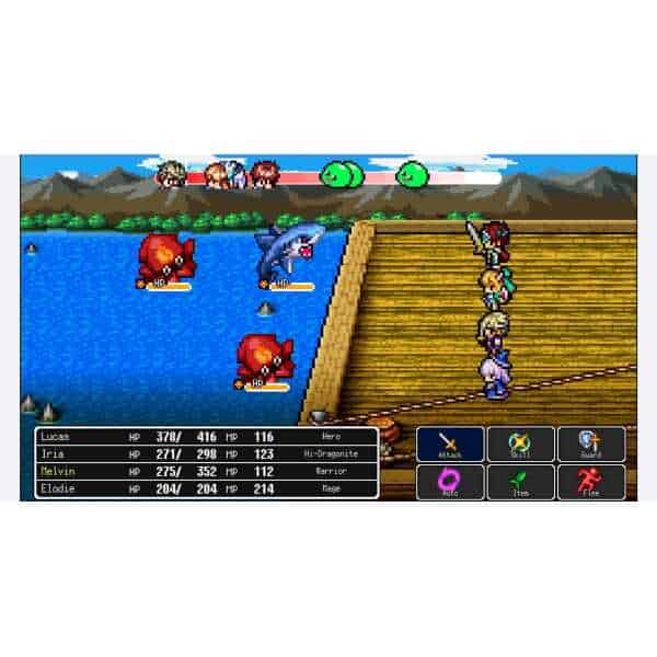 High-quality RPG battle scene from KEMCO's game collection, featuring classic pixel art and strategi.