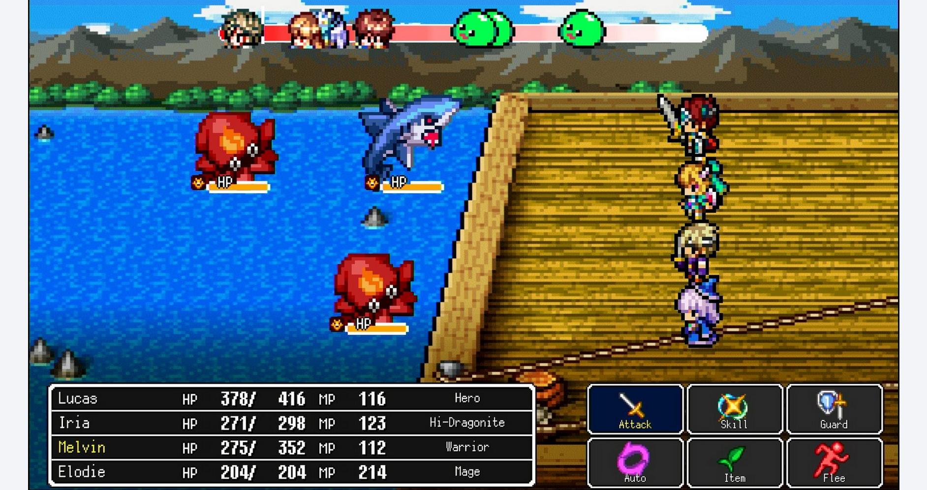 High-quality RPG battle scene from KEMCO's game collection, featuring classic pixel art and strategi.