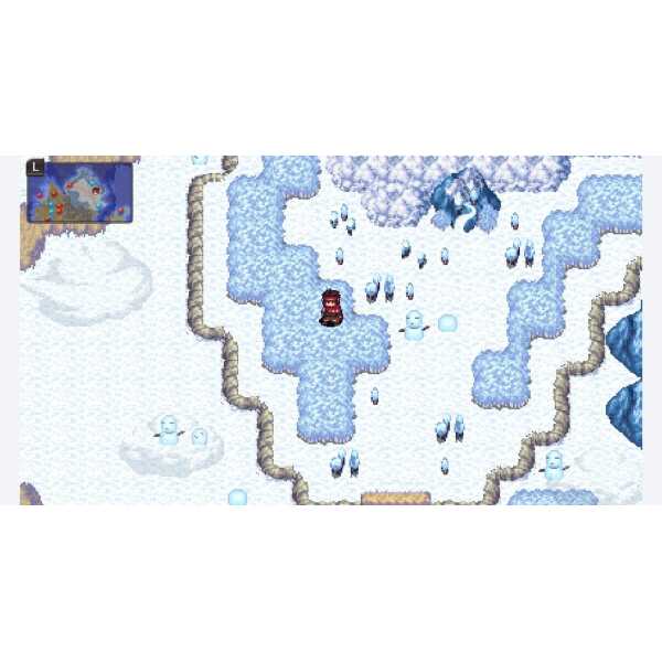RPG game scene with snowy landscape and character navigating icy terrain.