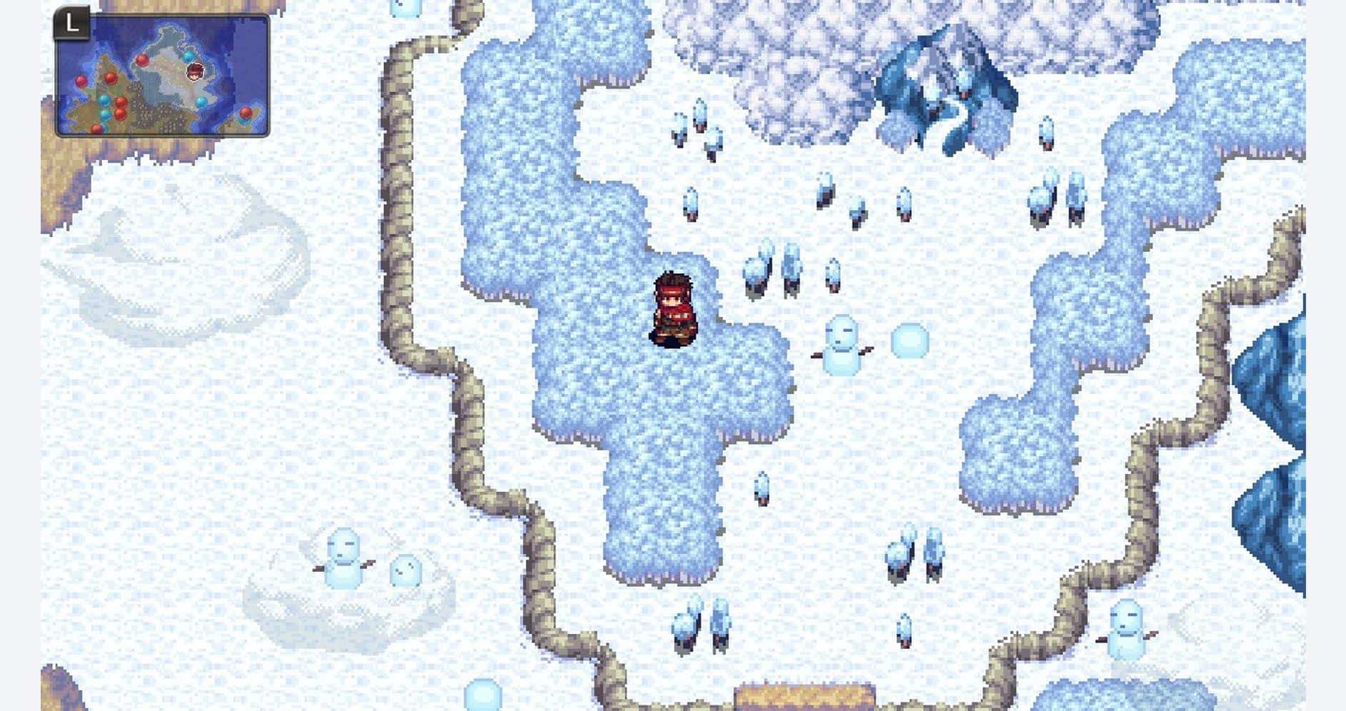 RPG game scene with snowy landscape and character navigating icy terrain.