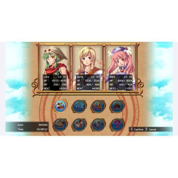 RPG game menu screen with three characters and menu options for items, skills, and quests.