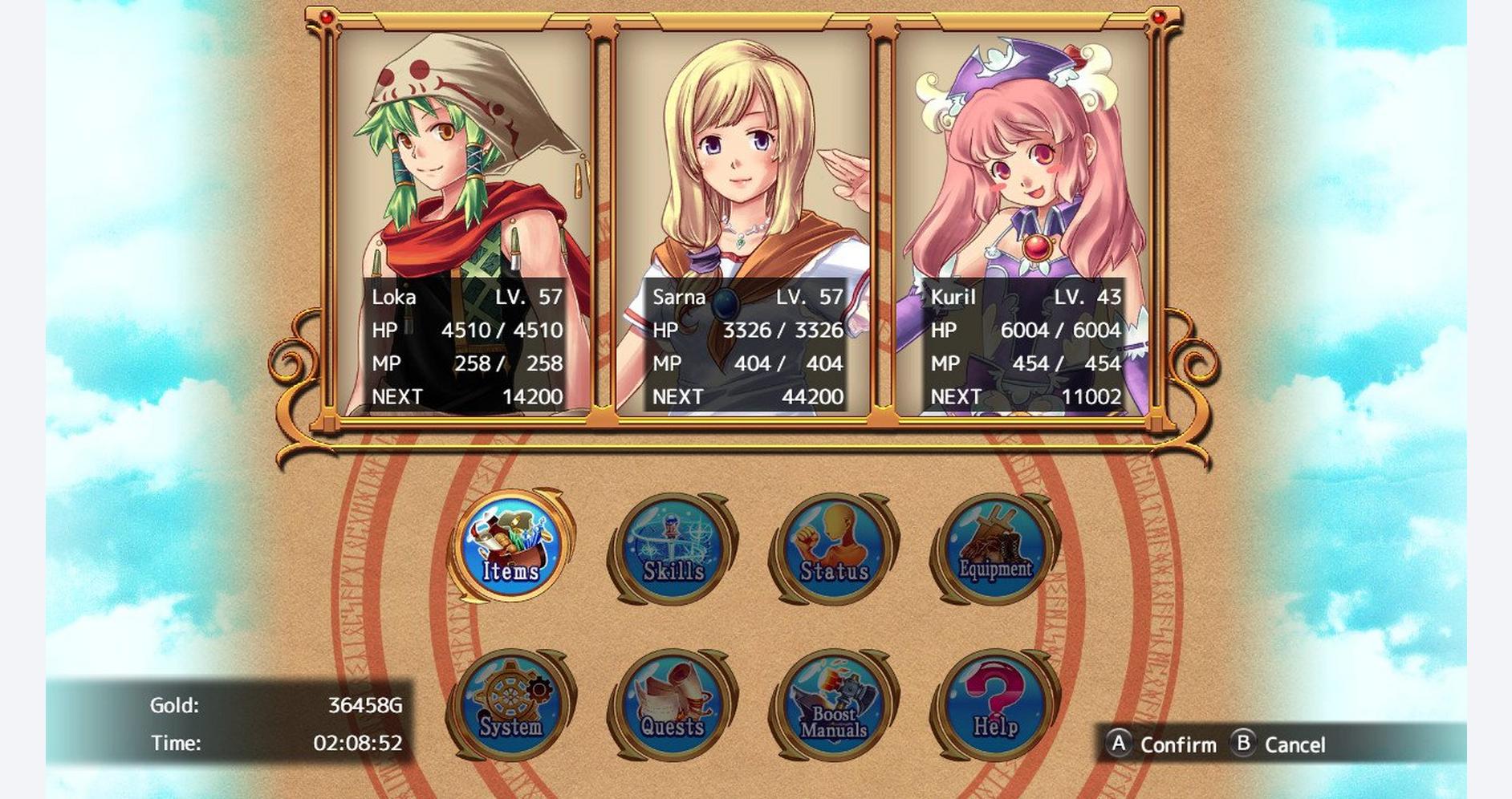 RPG game menu screen with three characters and menu options for items, skills, and quests.