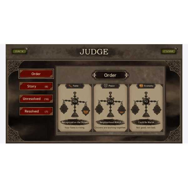 KEMCO RPG game interface with judge decision options and character stats.