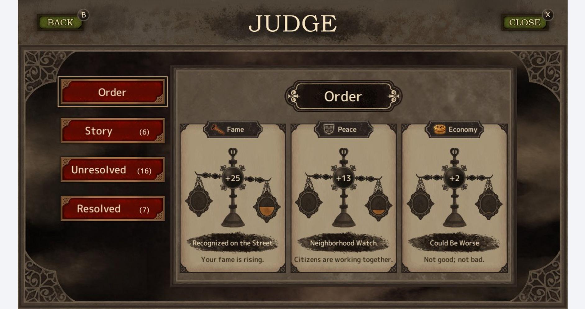 KEMCO RPG game interface with judge decision options and character stats.