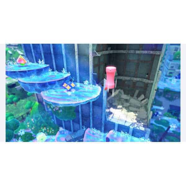 Vibrant waterfall scene from Kirby and the Forgotten Land on Nintendo Switch 2.