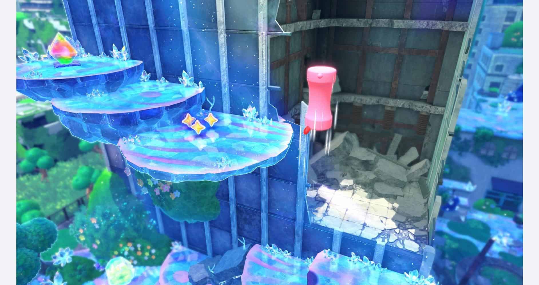 Vibrant waterfall scene from Kirby and the Forgotten Land on Nintendo Switch 2.