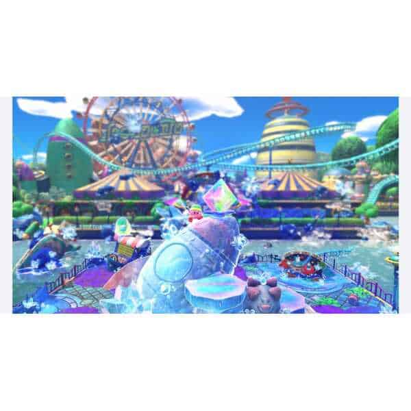 Brightly colored amusement park with Kirby in ice, rides, and water attractions.
