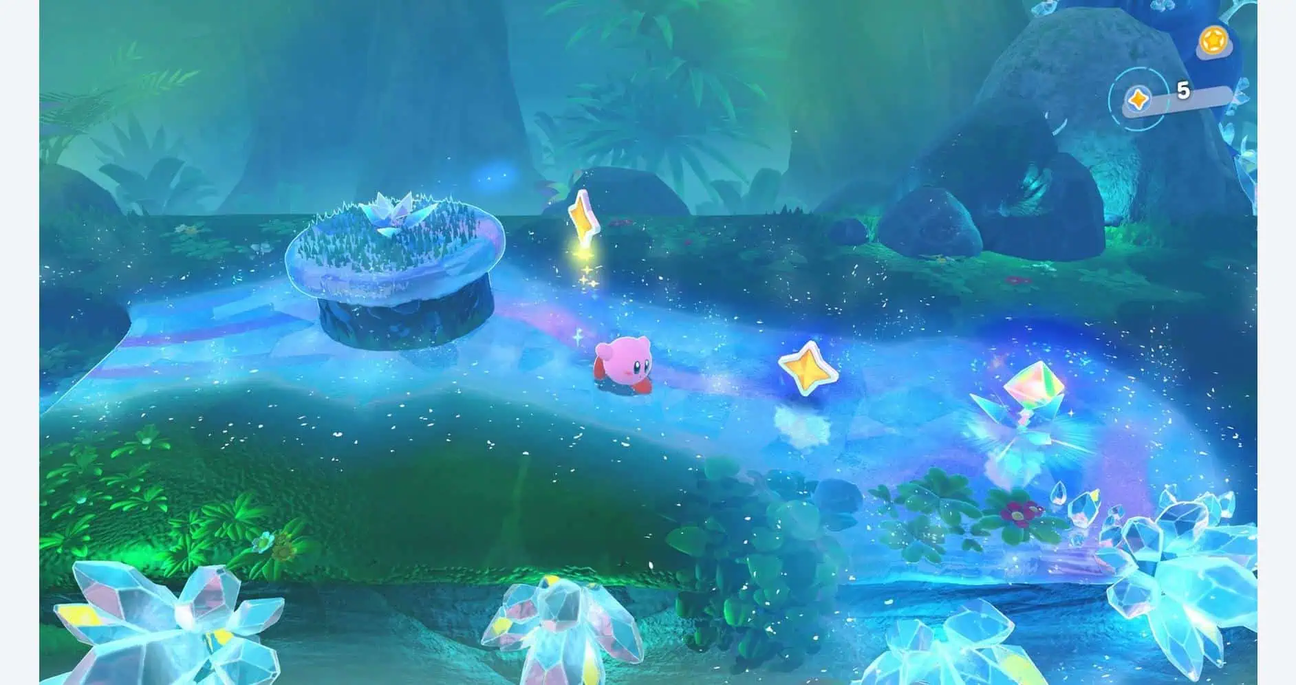 Kirby exploring a vibrant, magical world with sparkling crystals and colorful scenery.
