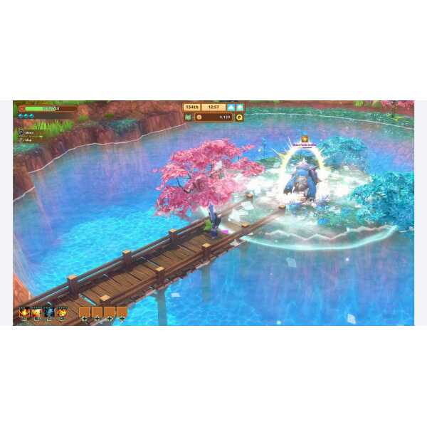 A colorful fantasy game scene featuring a wooden bridge over a vibrant blue lake with pink and blue.