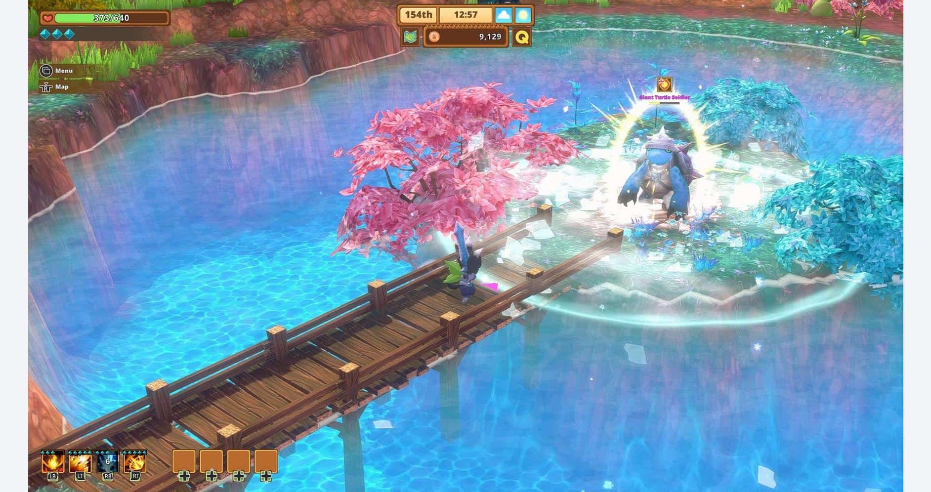 A colorful fantasy game scene featuring a wooden bridge over a vibrant blue lake with pink and blue.