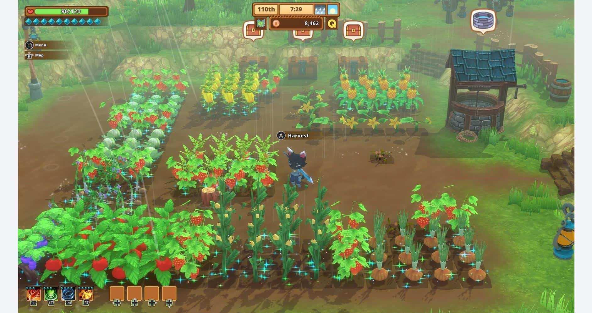 Fresh vegetable garden in a farming simulation game, featuring lush crops and vibrant greenery.