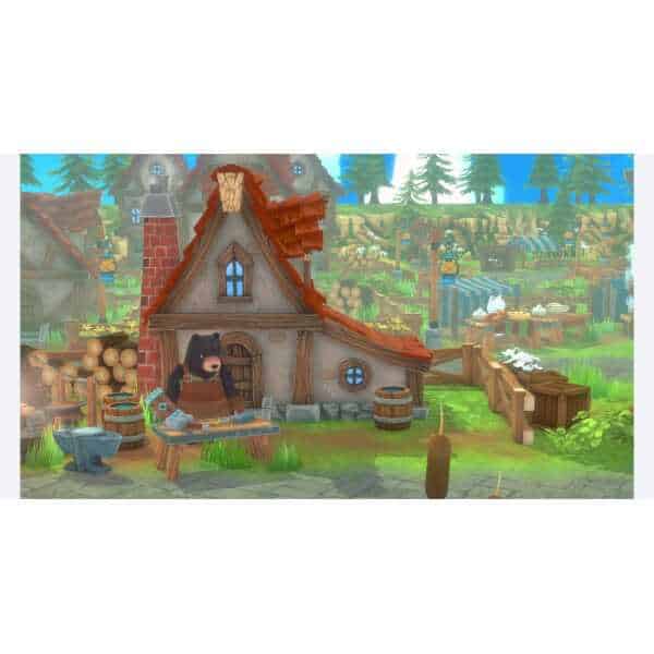 A bear working at a woodworking station outside a cozy cabin in a lush, animated forest setting.