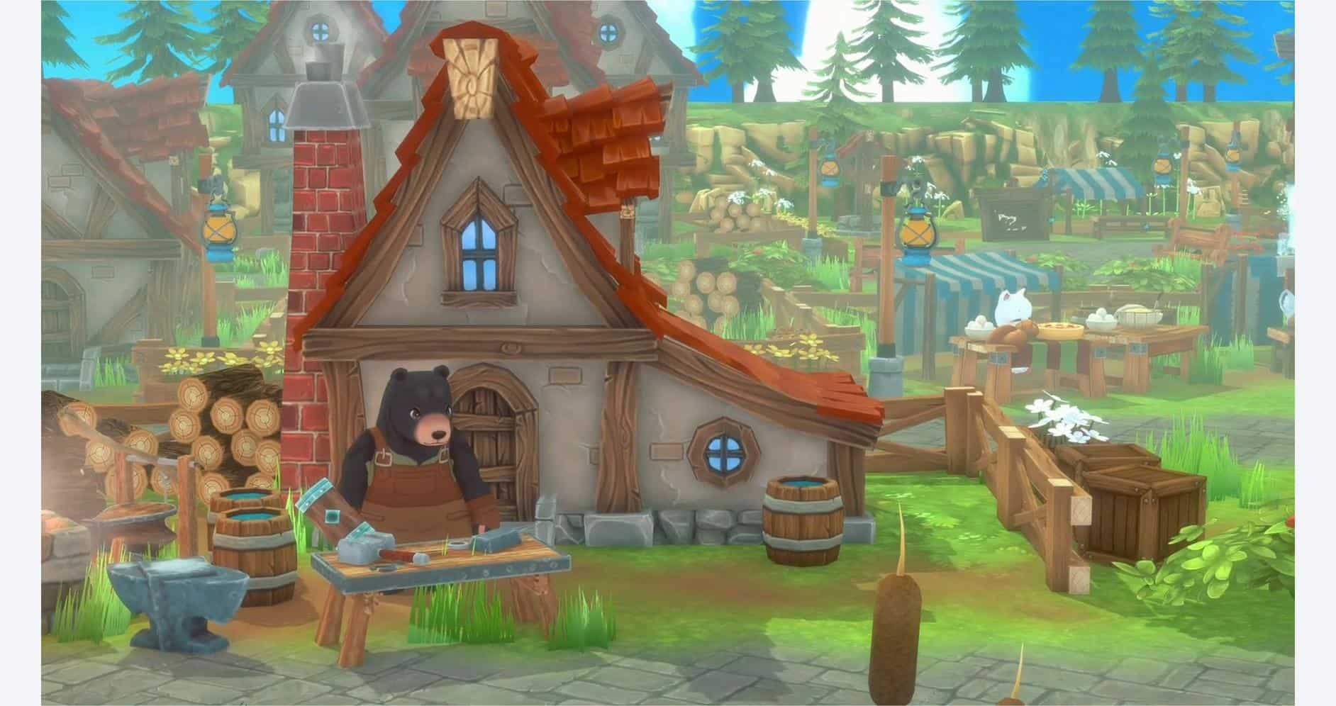 A bear working at a woodworking station outside a cozy cabin in a lush, animated forest setting.