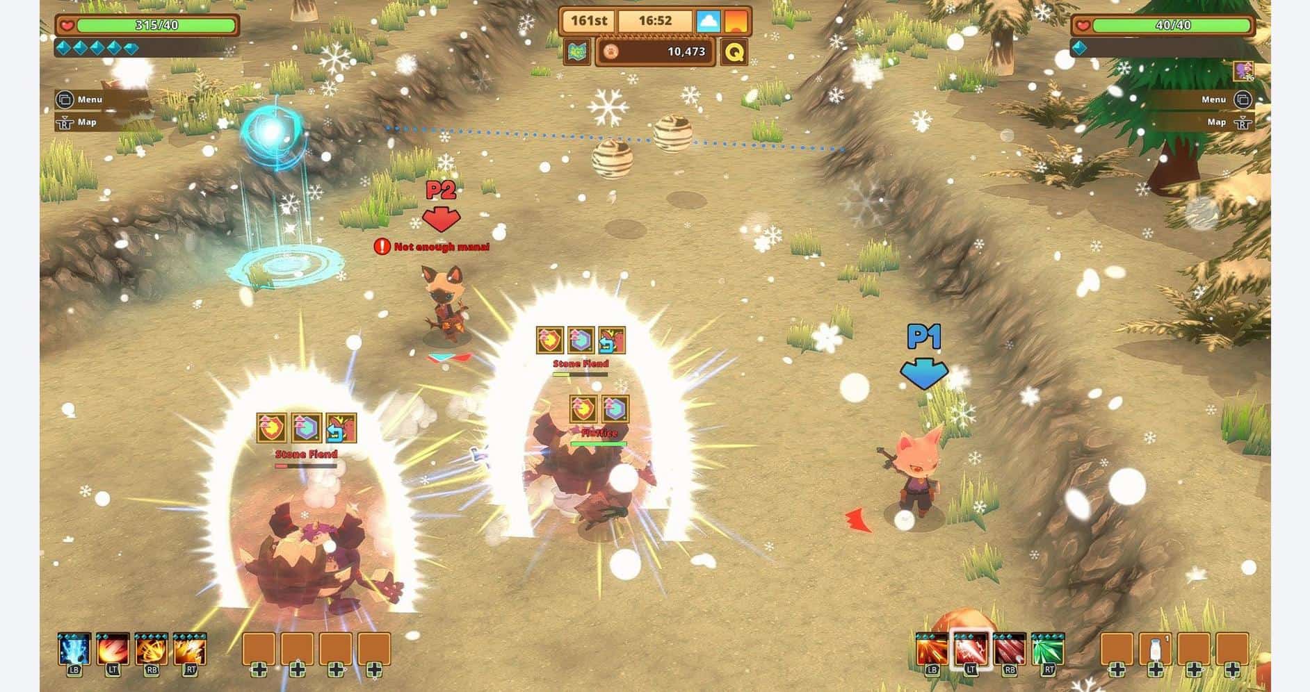 Turn-based fantasy RPG game with characters battling in a snowy landscape.