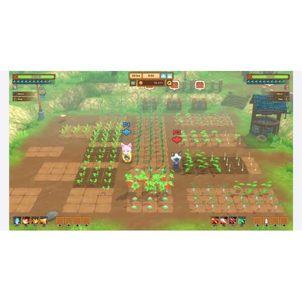 Cozy farm scene with two characters tending vegetable garden in vibrant pixel art style.