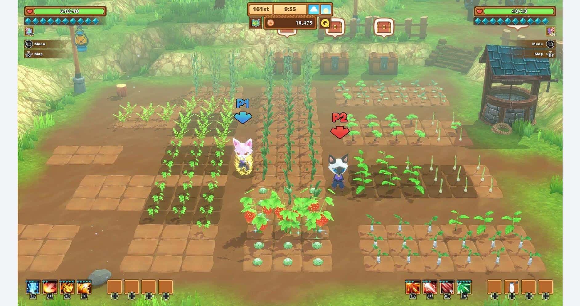 Cozy farm scene with two characters tending vegetable garden in vibrant pixel art style.