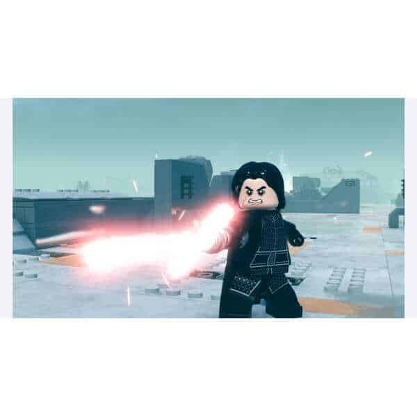 LEGO-style character using fire power in a cityscape, action scene from Gameware.