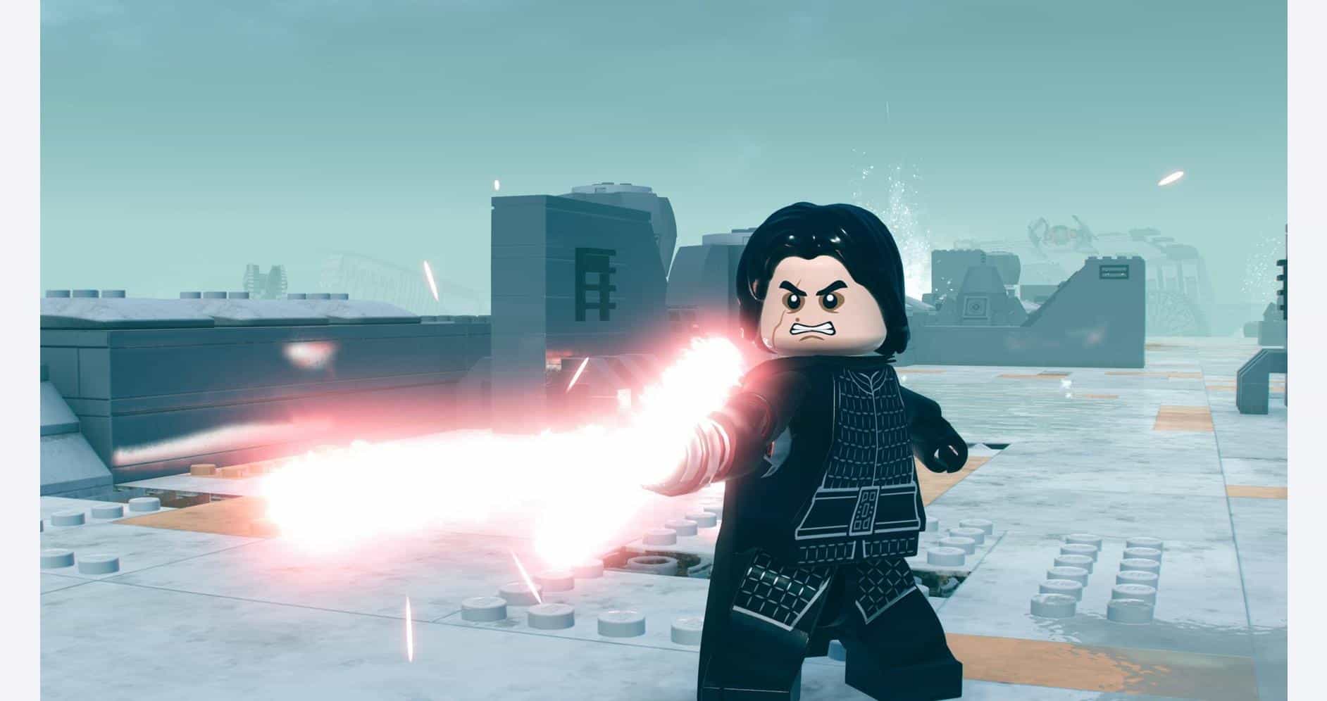 LEGO-style character using fire power in a cityscape, action scene from Gameware.
