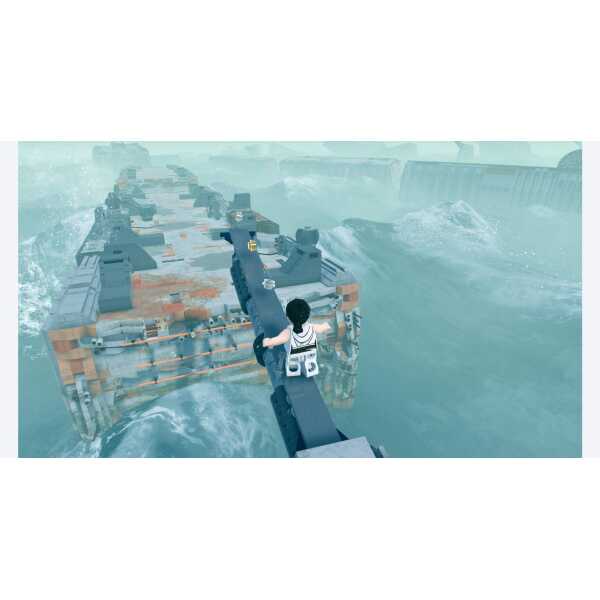 A thrilling LEGO cityscape with a person navigating a bridge over turbulent waters.