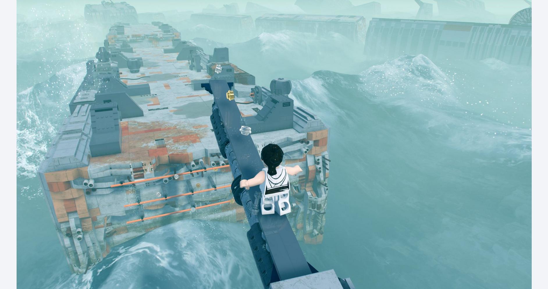 A thrilling LEGO cityscape with a person navigating a bridge over turbulent waters.