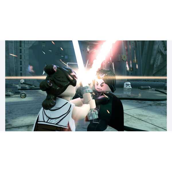 LEGO Star Wars duel scene with laser sword combat in a futuristic cityscape.