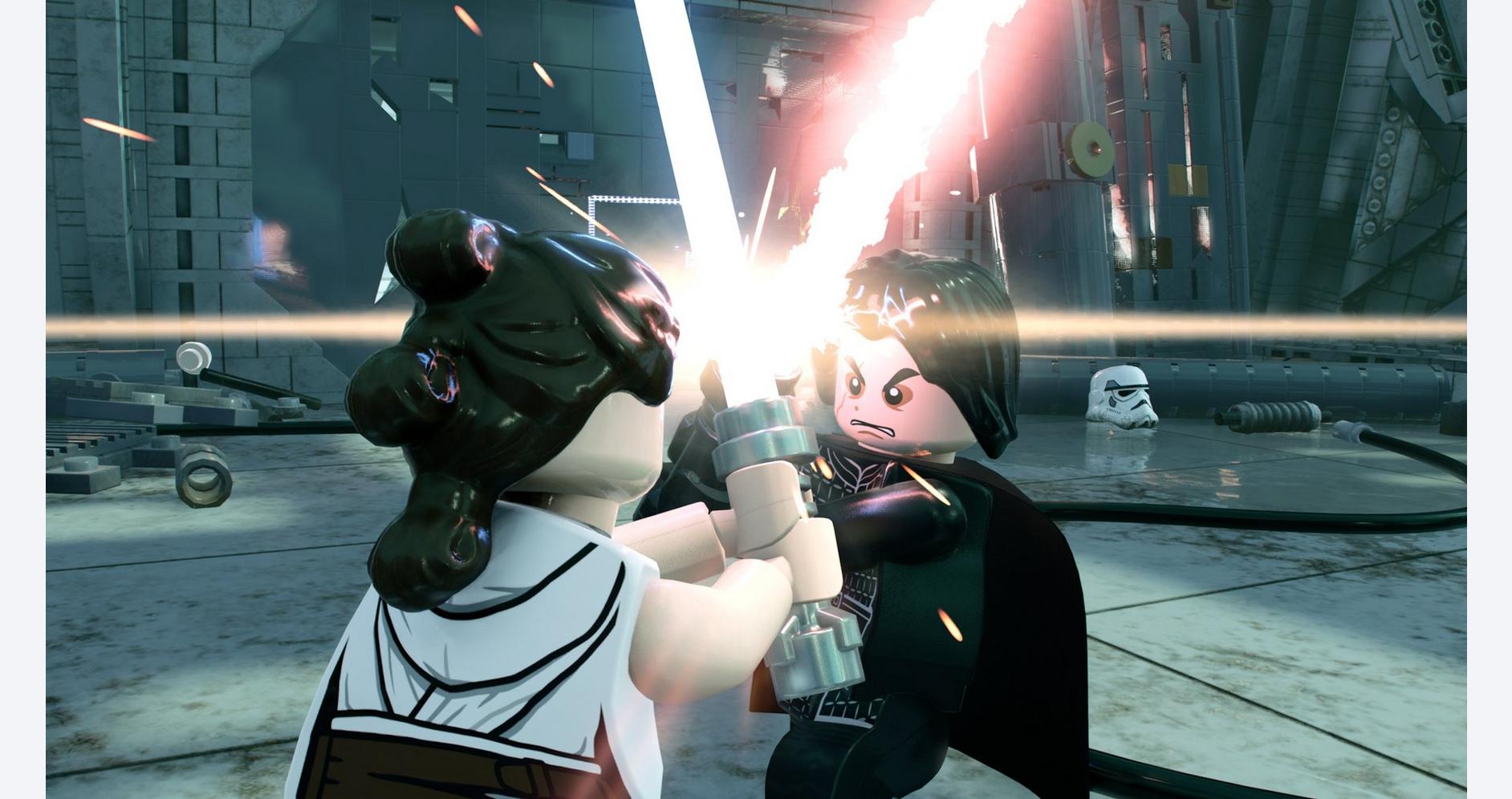LEGO Star Wars duel scene with laser sword combat in a futuristic cityscape.