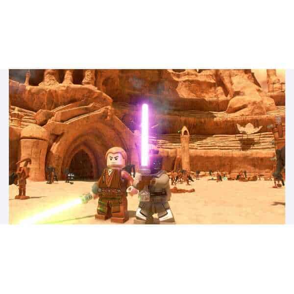 A. LEGO Star Wars characters wielding lightsabers in a desert canyon scene.