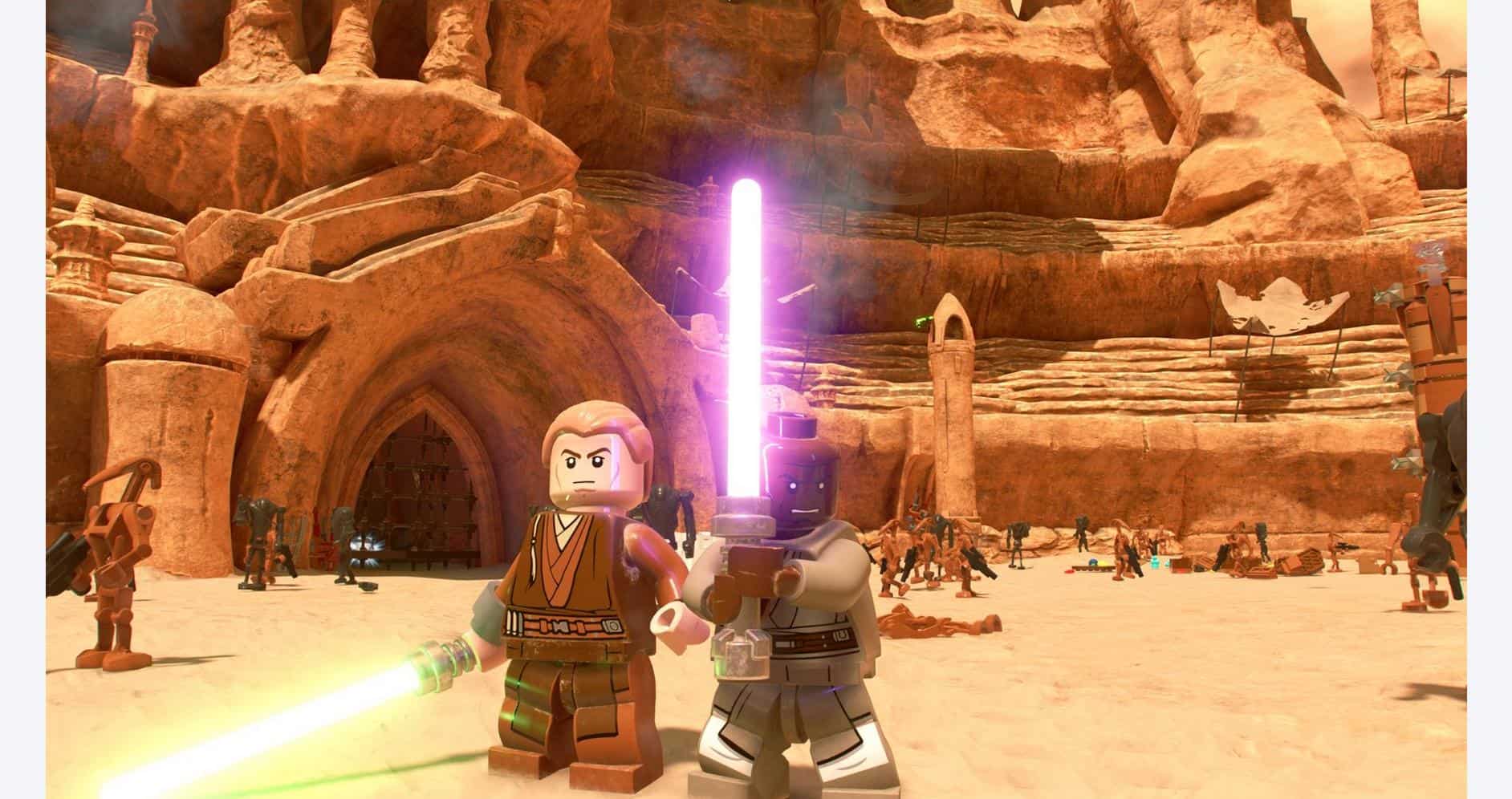 A. LEGO Star Wars characters wielding lightsabers in a desert canyon scene.