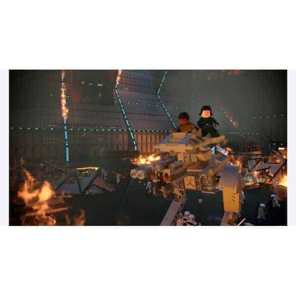 High-tech LEGO spaceship with minifigures in a futuristic battle scene at night.