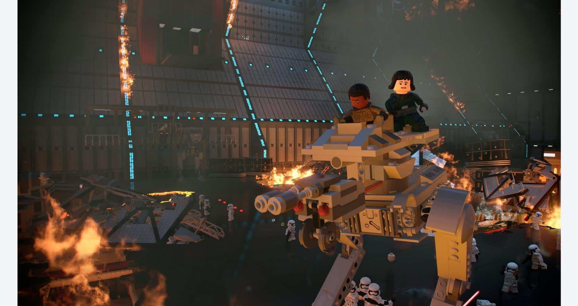 High-tech LEGO spaceship with minifigures in a futuristic battle scene at night.