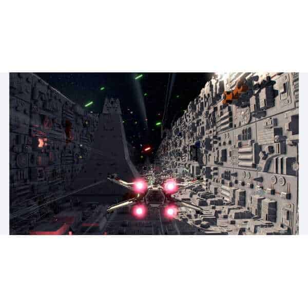 Star Wars spaceship flying through a detailed space station in a sci-fi setting.