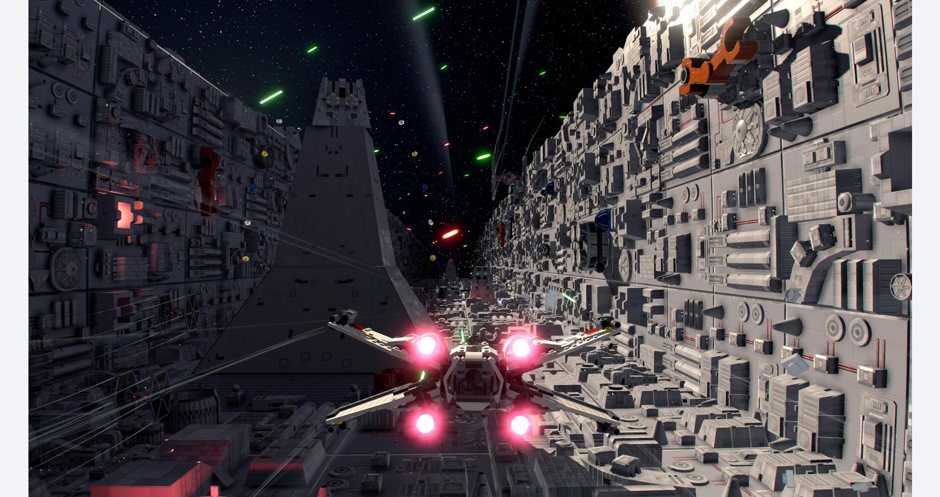 Star Wars spaceship flying through a detailed space station in a sci-fi setting.