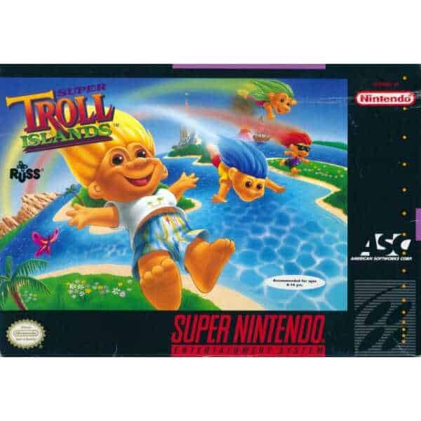 Super Troll Islands game cover featuring colorful troll characters and tropical scenery.