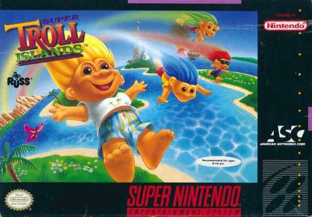 Vibrant cover art of Super Troll Islands with playful troll characters in a tropical setting. Super Troll Islands game cover featuring colorful troll characters and tropical scenery.