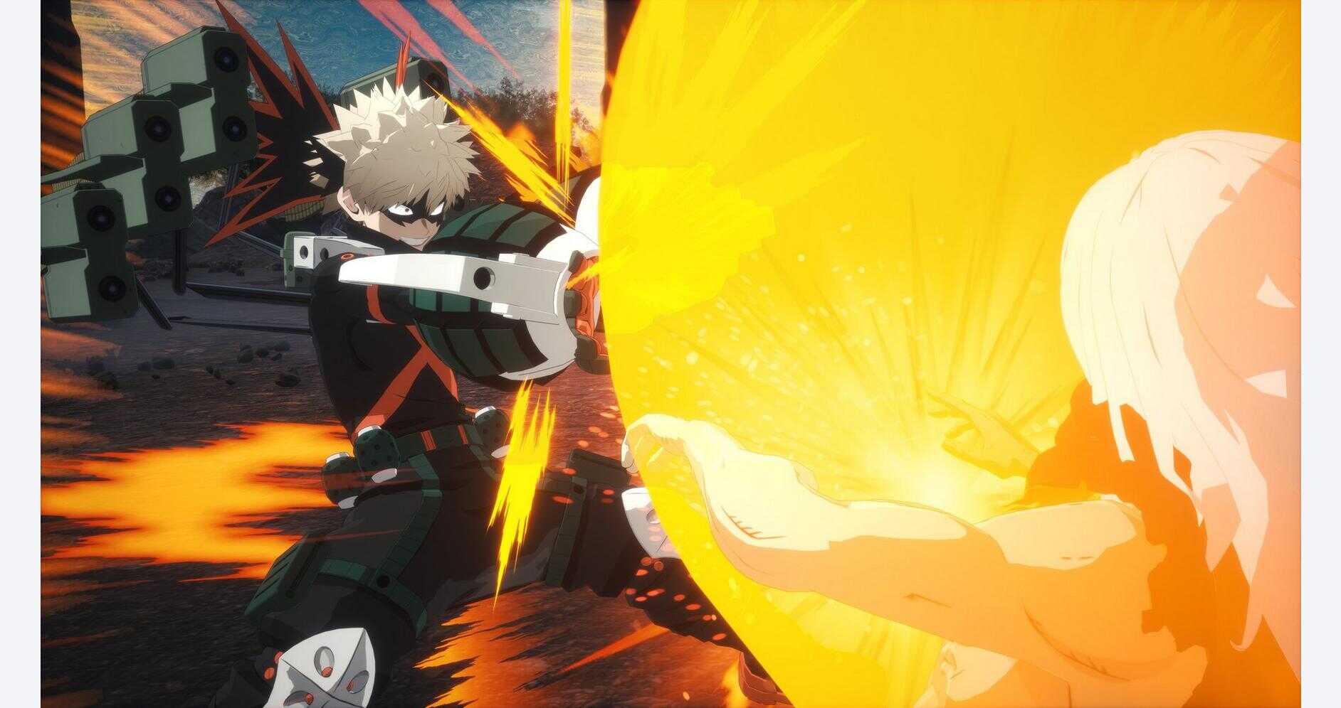 My Hero Academia character using a powerful energy attack in action.