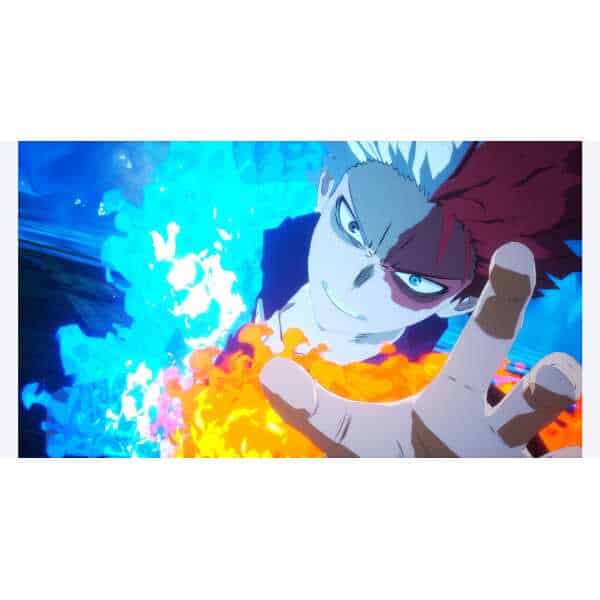 Anime character with fiery powers from My Hero Academia: All's Justice.