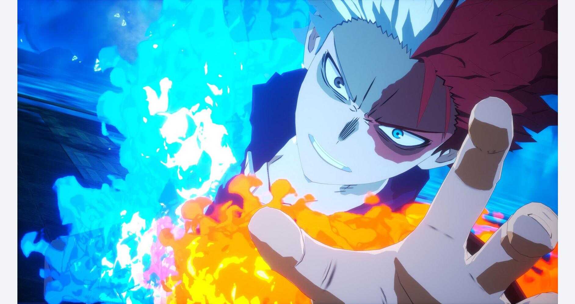 Anime character with fiery powers from My Hero Academia: All's Justice.