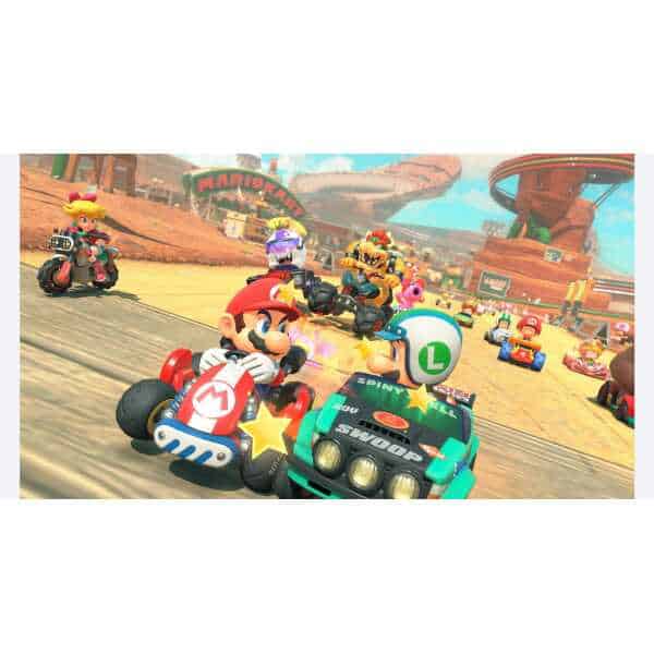 Mario and friends racing in Mario Kart World with colorful tracks and characters.