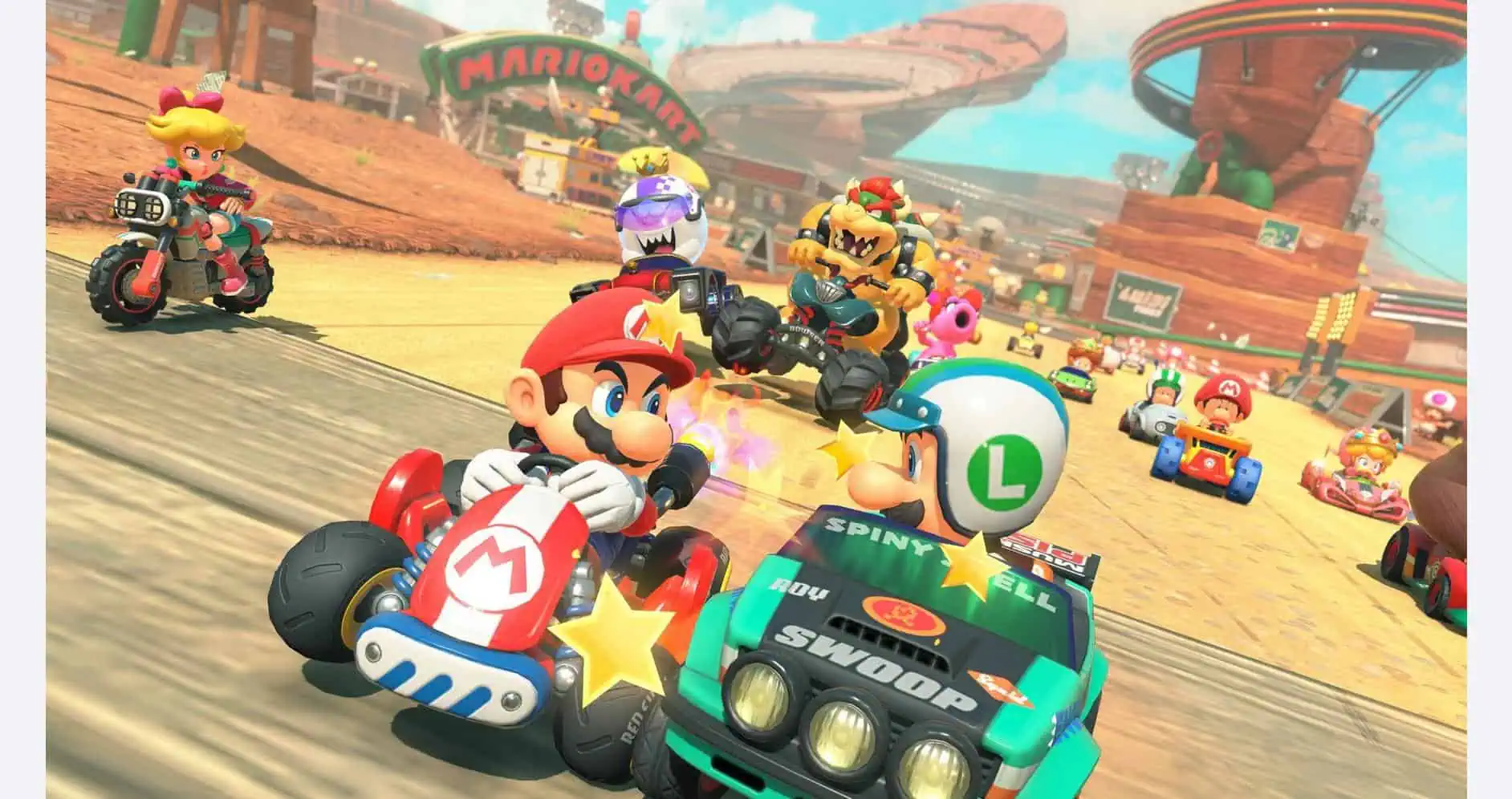 Mario and friends racing in Mario Kart World with colorful tracks and characters.