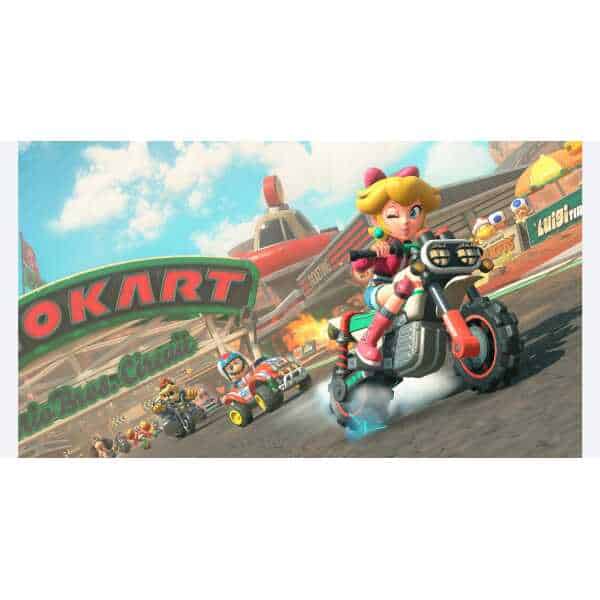 Mario Kart characters racing on a vibrant track with colorful scenery and cheering crowds.
