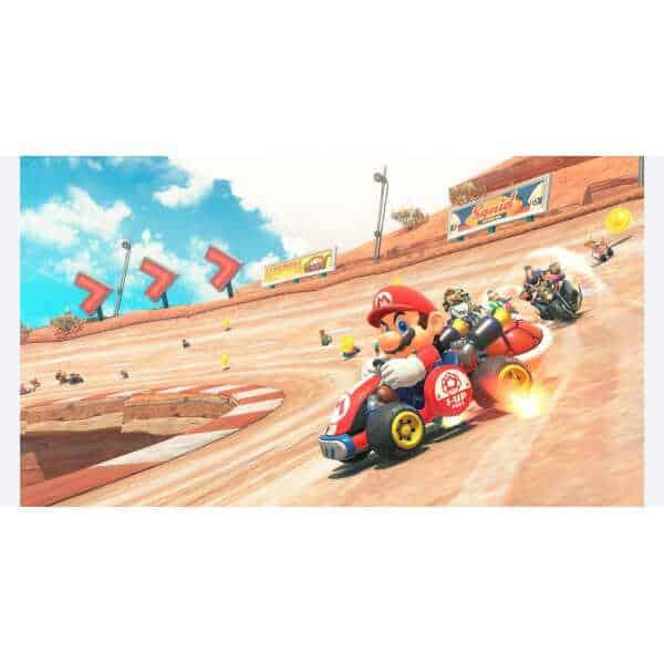 Mario Kart character driving a go-kart on a desert race track with colorful banners and racing arrow.