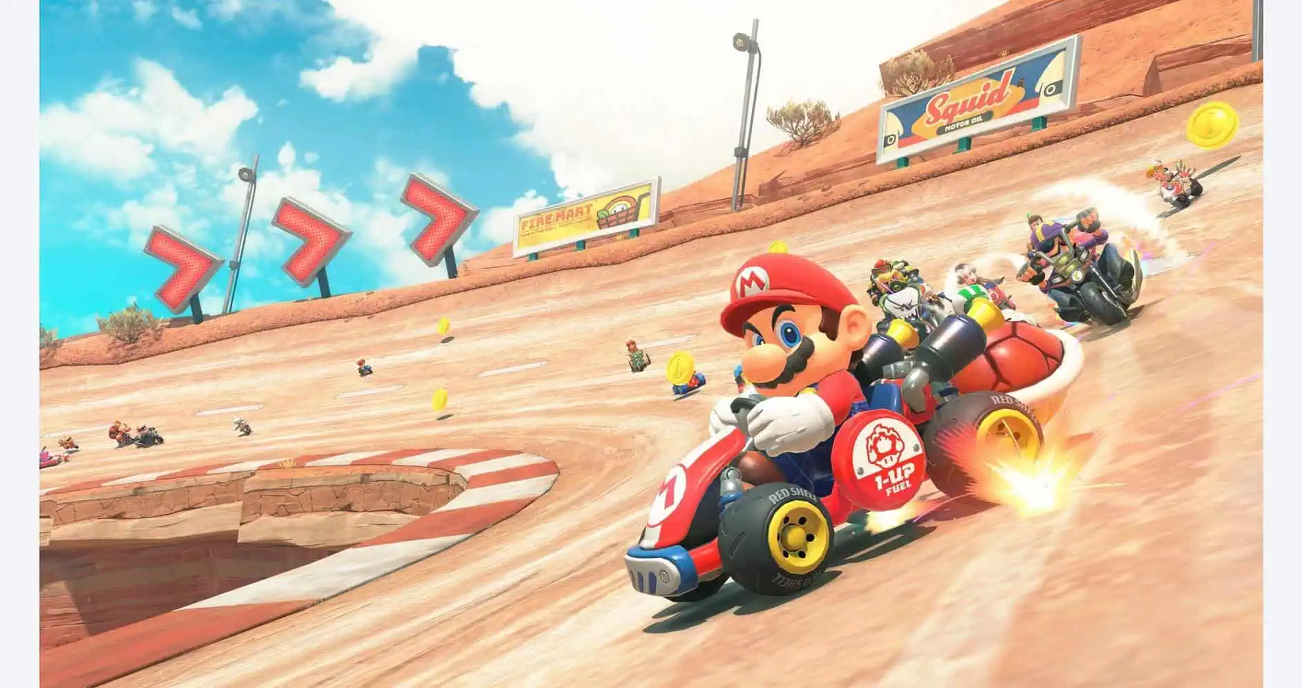 Mario Kart character driving a go-kart on a desert race track with colorful banners and racing arrow.