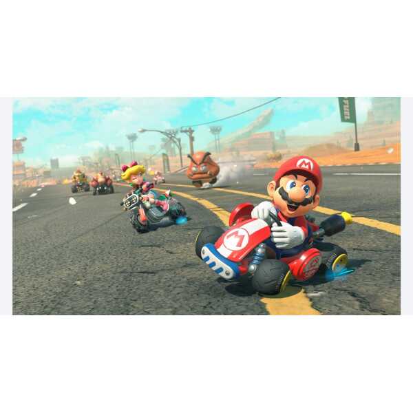 Mario driving a red go-kart in a colorful, action-packed Mario Kart race.