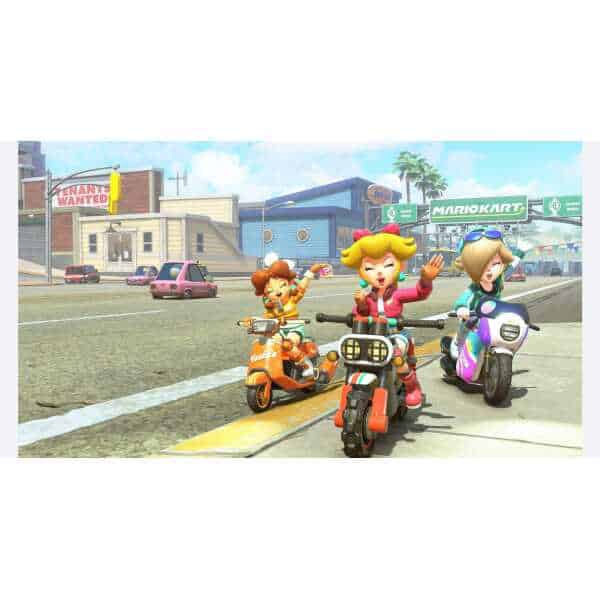 Characters riding scooters in Mario Kart World, vibrant city scene.